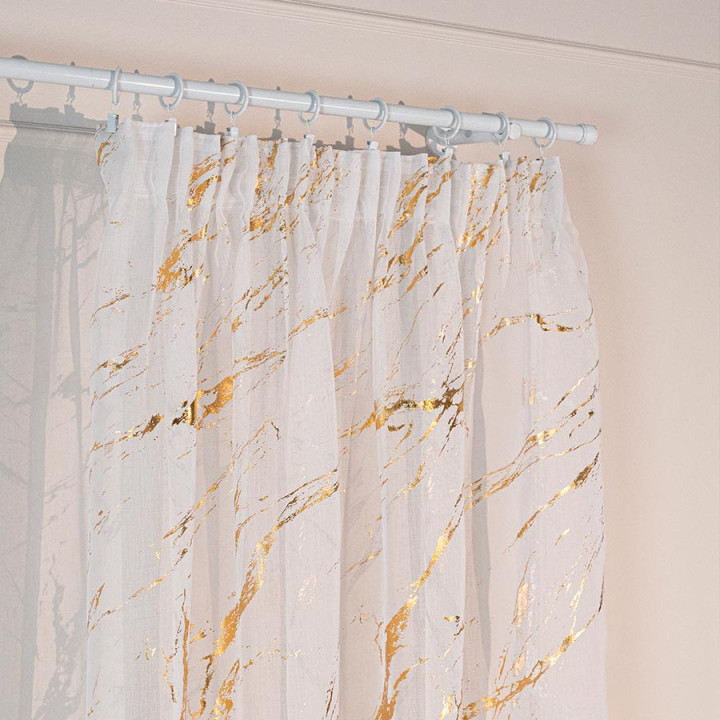 MARMA Firana gotowa na taśmie z ołowianką, szerokość 140cm x wysokość 250cm, kolor 001 biały ze złotym zdobieniem 