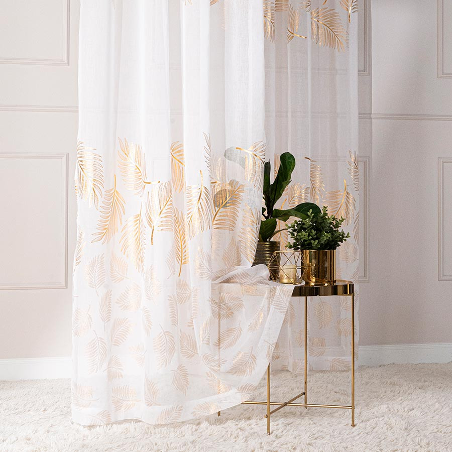 MARIETTA Firana gotowa na taśmie, szerokość 140cm x wysokość 250cm, kolor 004 biały ze złotym zdobieniem