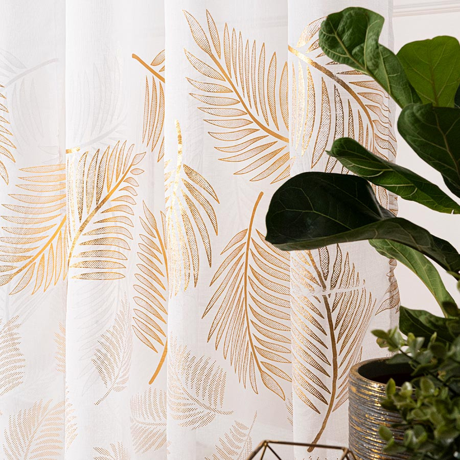 MARIETTA Firana gotowa na taśmie, szerokość 140cm x wysokość 250cm, kolor 004 biały ze złotym zdobieniem