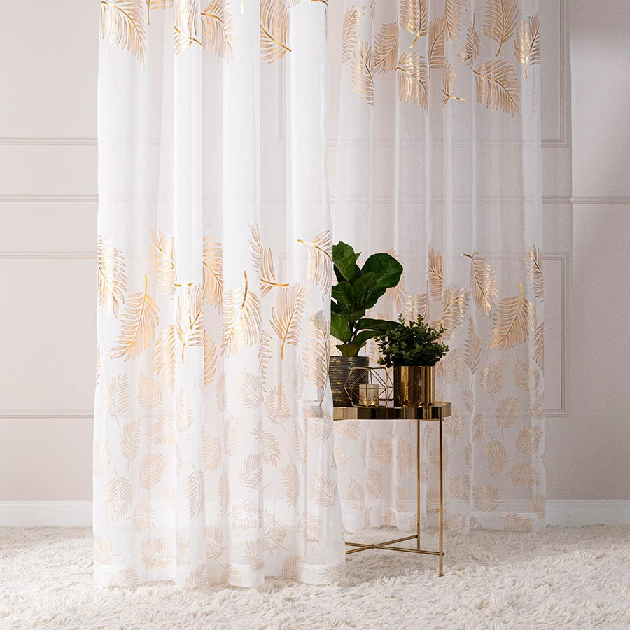 MARIETTA Firana gotowa na przelotkach, szerokość 140cm x wysokość 250cm, kolor 004 biały ze złotym zdobieniem