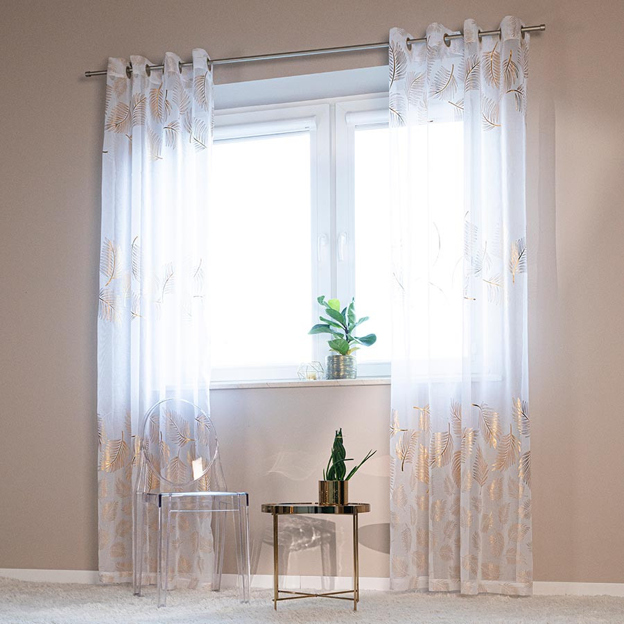 MARIETTA Firana gotowa na przelotkach, szerokość 140cm x wysokość 250cm, kolor 004 biały ze złotym zdobieniem