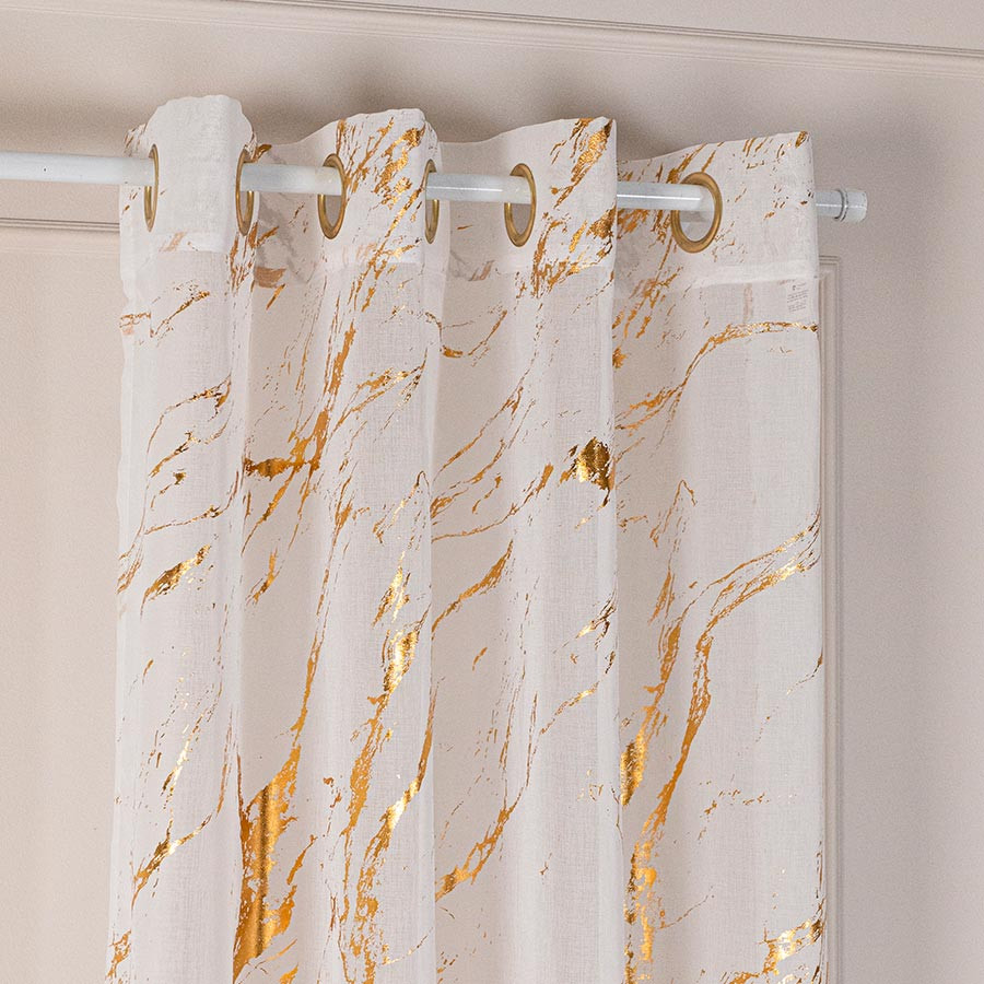 MARMA Firana gotowa na przelotkach z ołowianką, szerokość 140cm x wysokość 250cm, kolor 004 biały ze złotym zdobieniem