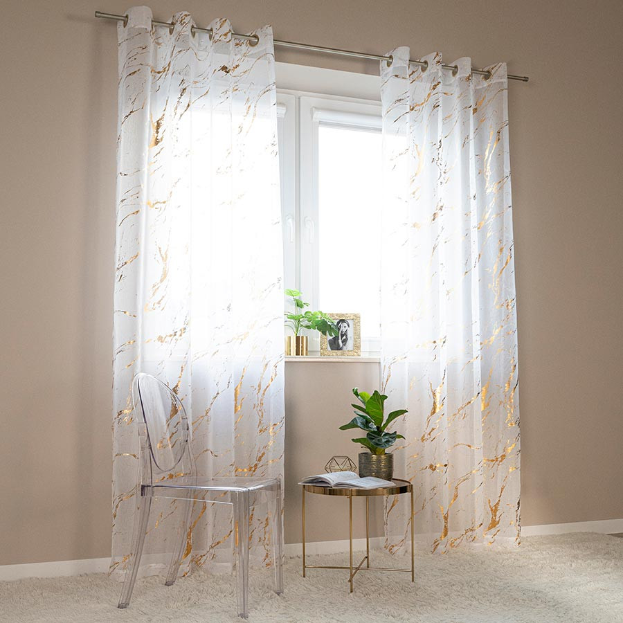MARMA Firana gotowa na przelotkach z ołowianką, szerokość 140cm x wysokość 250cm, kolor 004 biały ze złotym zdobieniem