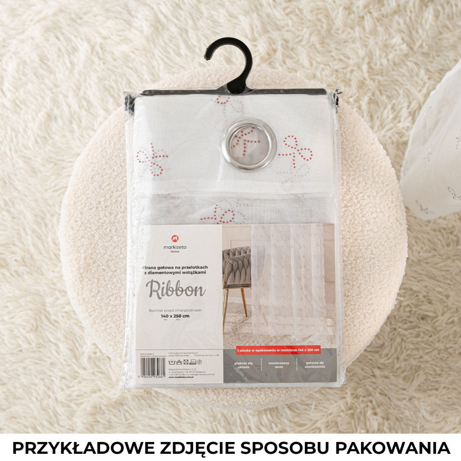 RIBBON Firana gotowa na woalu w diamentowe kokardki, na srebrnych przelotkach, z ołowianką, szerokość 140 x wysokość 250cm
