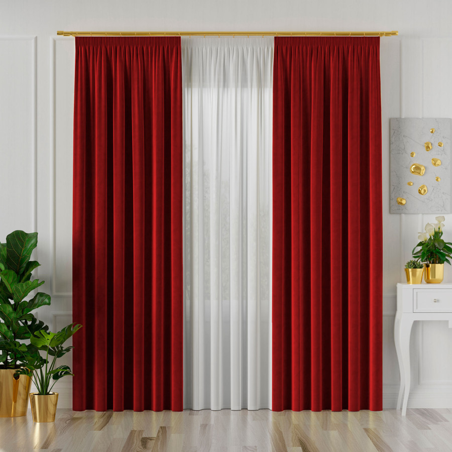 VELVI Zasłona gotowa na taśmie, szerokość 140 x wysokość 250cm, kolor 043 czerwony