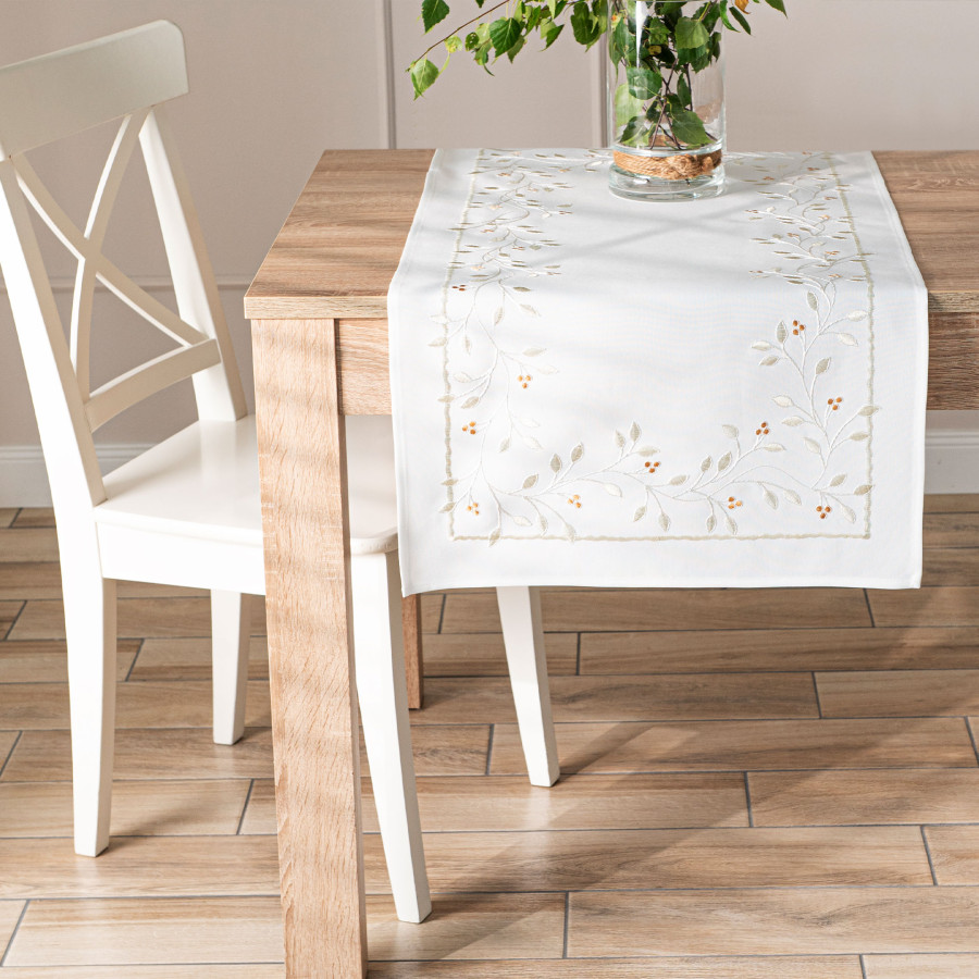 ZIELONA MELODIA Bieżnik z haftem, szerokość 50cm x wysokość 100cm, kolor 001 biały