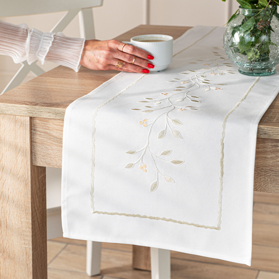 ZIELONA MELODIA Bieżnik z haftem, szerokość 38cm x wysokość 160cm, kolor 001 biały