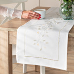 ZIELONA MELODIA bieżnik z haftem z tkaniny biały w rośliny 38x160 cm