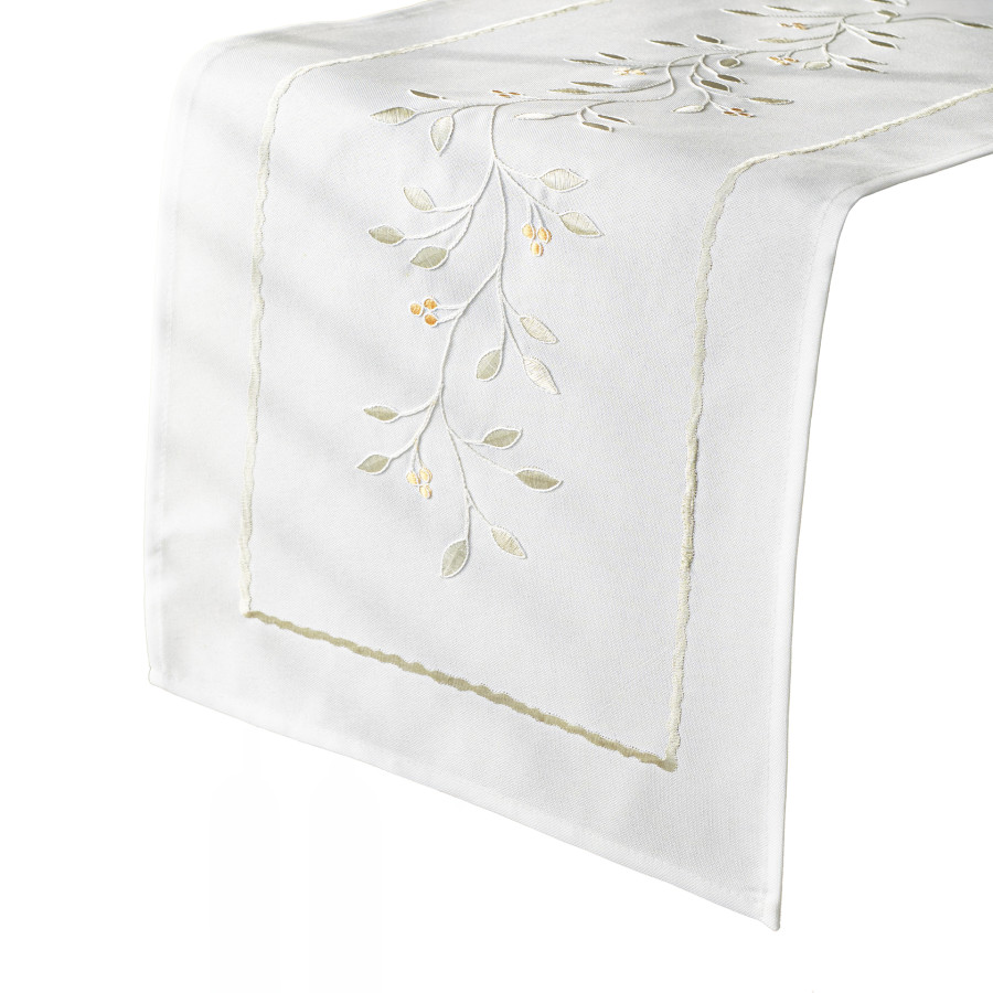 ZIELONA MELODIA Bieżnik z haftem, szerokość 38cm x wysokość 140cm, kolor 001 biały