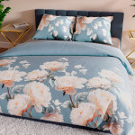 MELLORIA komplet pościeli z satyny bawełnianej niebieski w kwiaty 160x200 cm