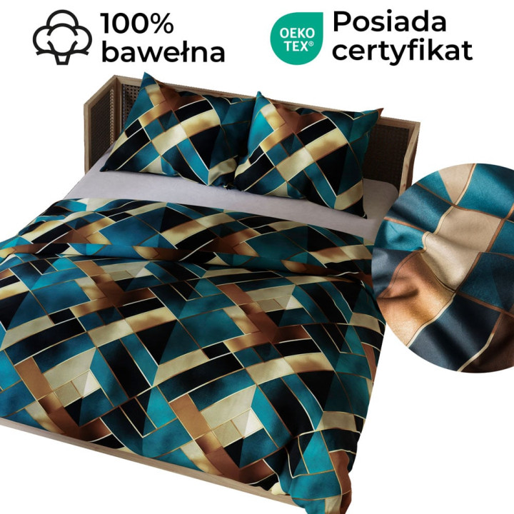 RUBIK Pościel Satynowa - Geometryczne Bryły w Odcieniach Turkusowego i Złota - 220x200cm