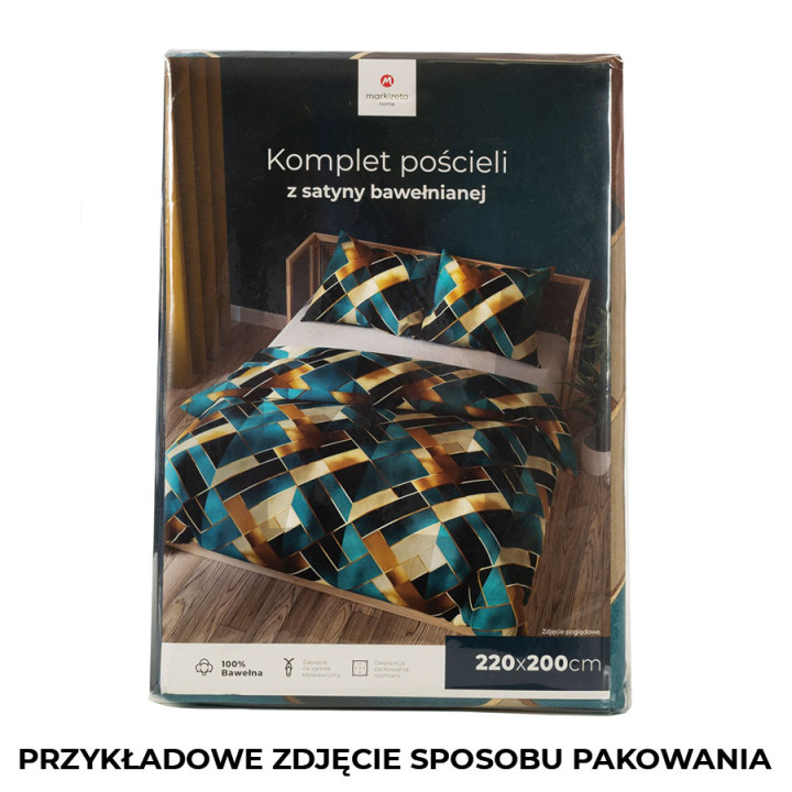 RUBIK Pościel Satynowa - Geometryczne Bryły w Odcieniach Turkusowego i Złota - 160x200cm