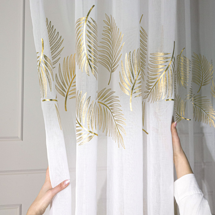 MARIETTA Firanka gotowa na przelotkach z etaminy · offwhite ze złotym-szampańskim · 140x250 cm