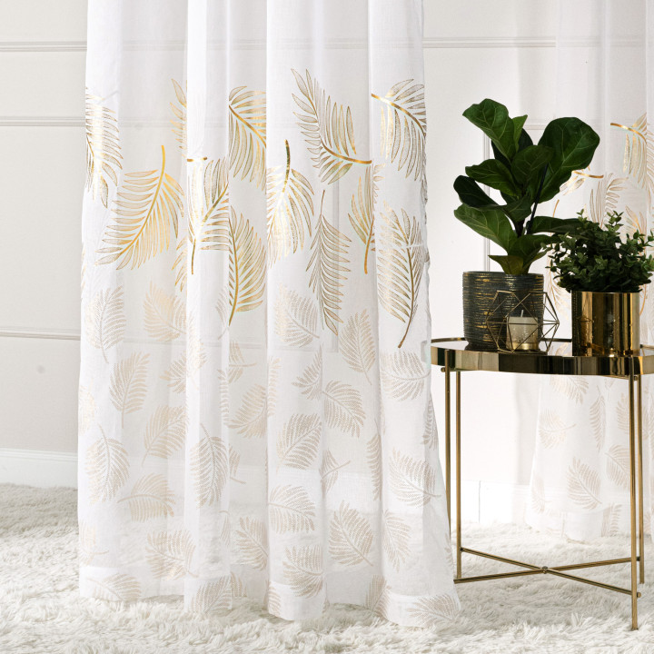 MARIETTA Firanka gotowa na przelotkach z etaminy · offwhite ze złotym-szampańskim · 140x250 cm