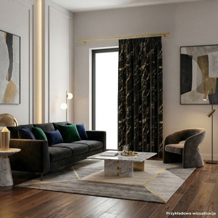 MARMA Zasłona gotowa na taśmie z welwetu · czarny ze złotym · 140x230 cm