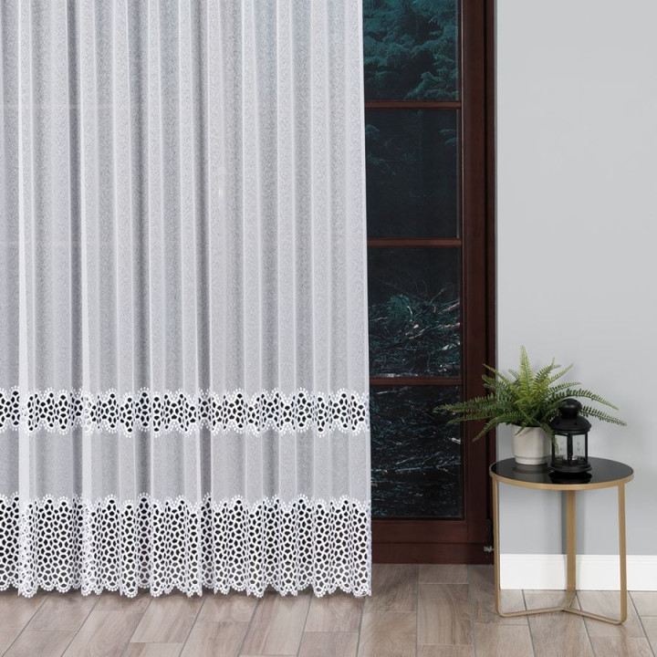Firanka z aplikacją na markizecie ze wzorem pasowym, wysokość 280cm, kolor 001 biały