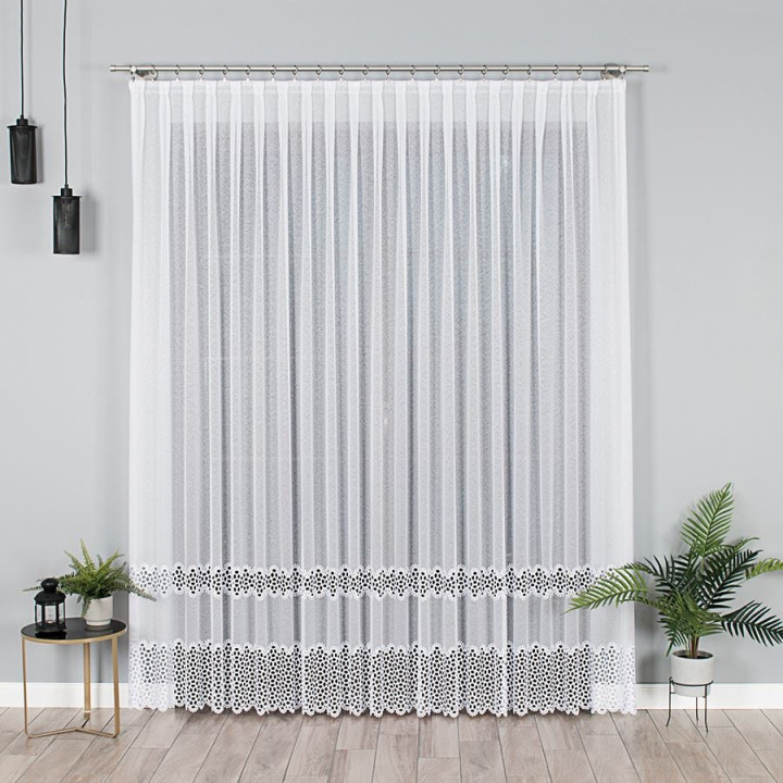 Firanka z aplikacją na markizecie ze wzorem pasowym, wysokość 280cm, kolor 001 biały