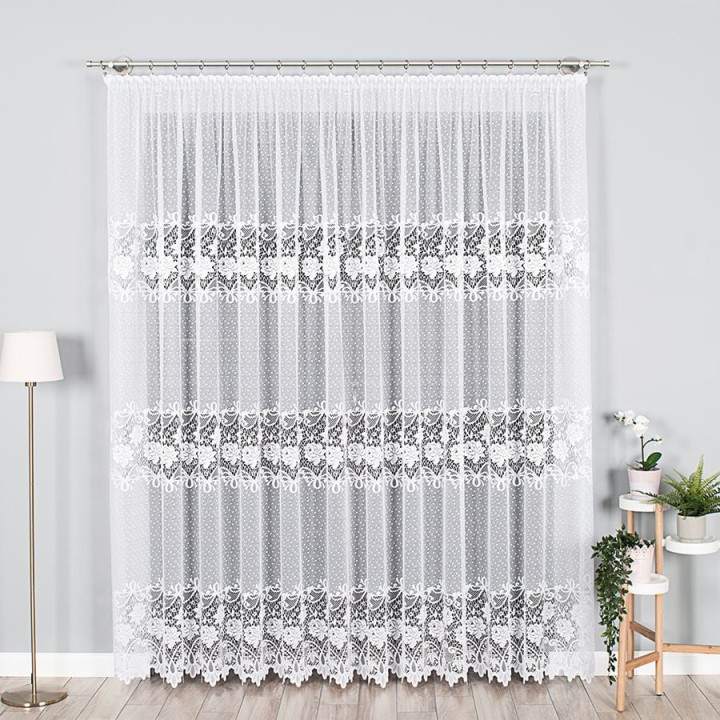 Firanka żakardowa ze wzorem pasowym, wysokość 220cm, kolor 001 biały