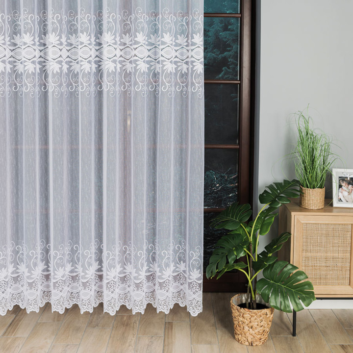 Firanka żakardowa ze wzorem pasowym, wysokość 230cm, kolor 001 biały