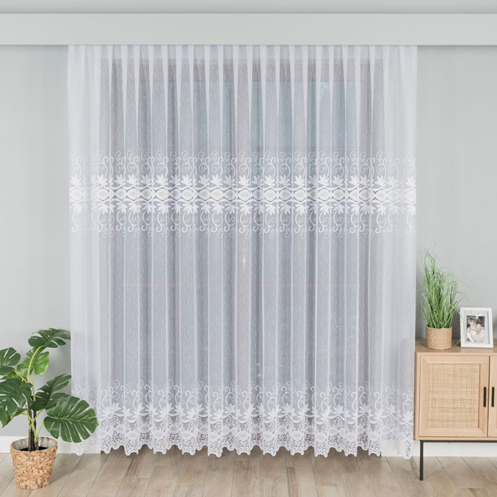Firanka żakardowa ze wzorem pasowym, wysokość 230cm, kolor 001 biały